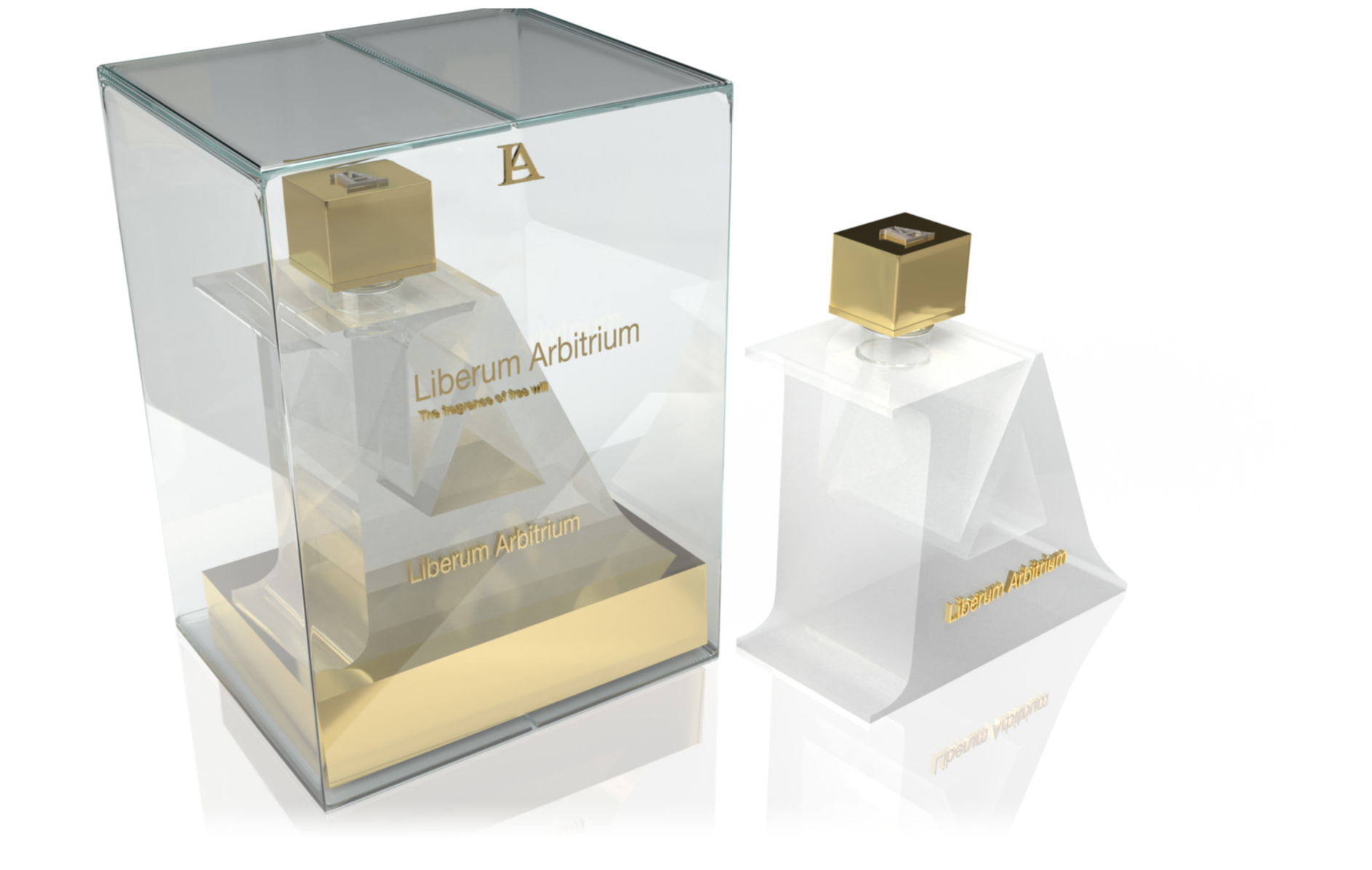Liberum Arbitrium LA bottle in its glass presentation case